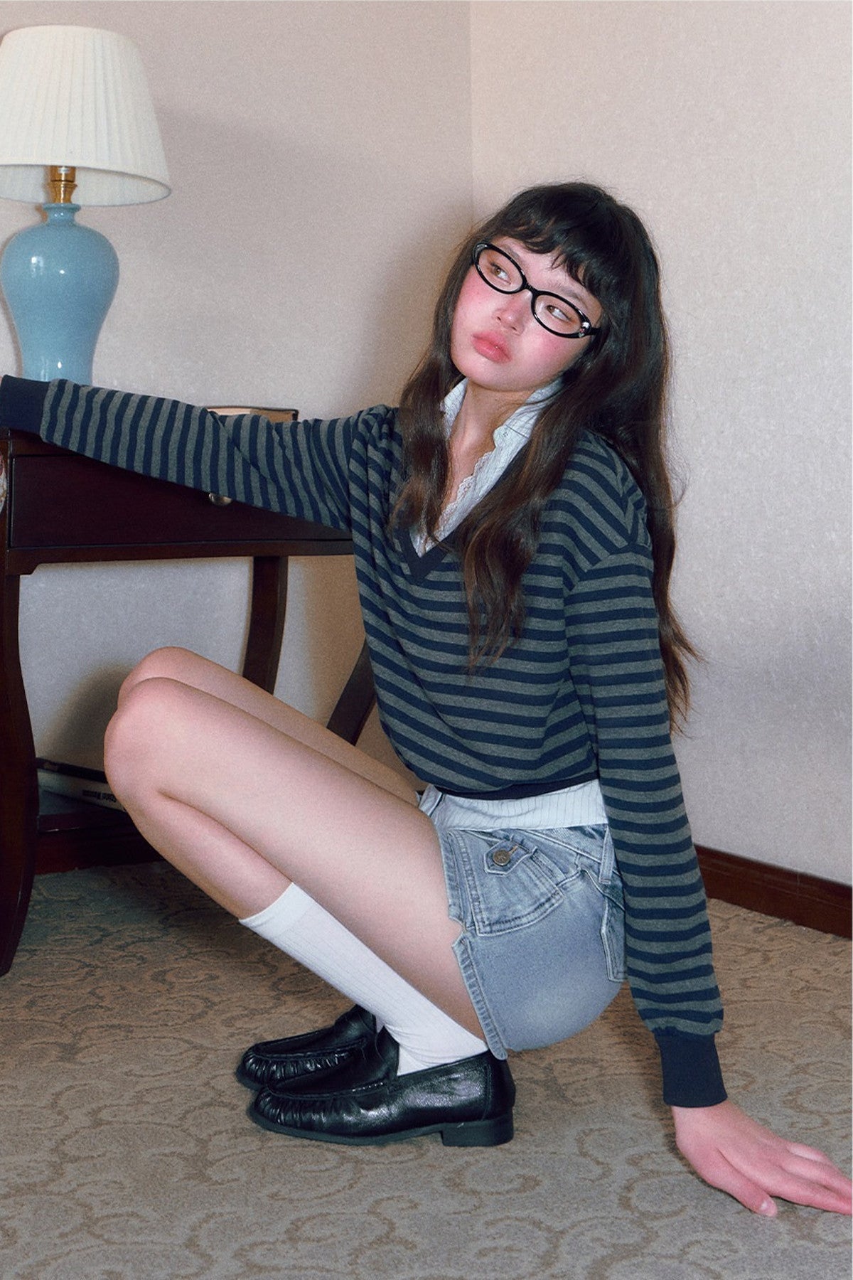 Striped Short-Sleeve Lace Shirt and Shorts Set-Up