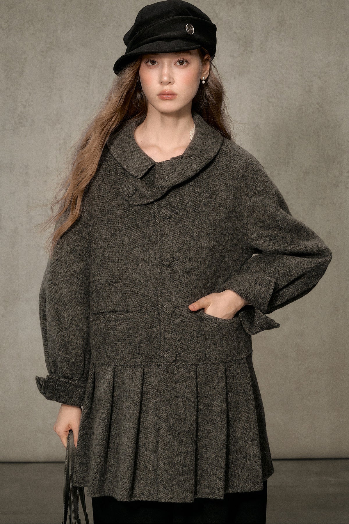 70% Wool Blend Double-Sided Pleated Coat