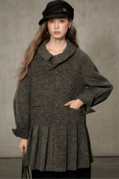 70% Wool Blend Double-Sided Pleated Coat