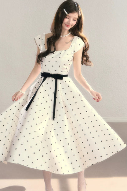 Elegant Polka Dot Waist Dress