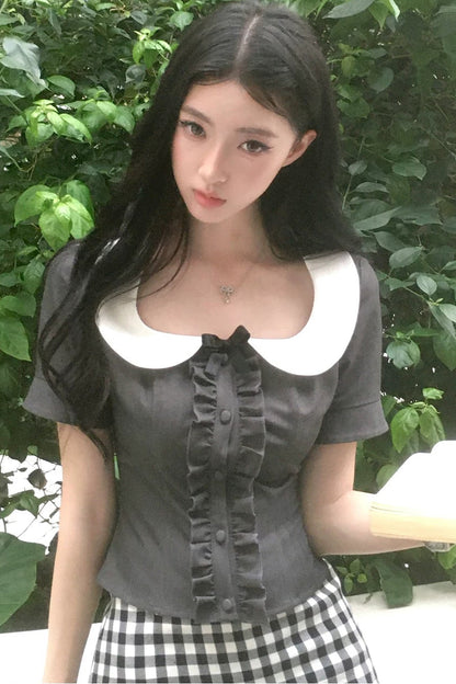블랙 체크 러플 피터팬 칼라 셋업