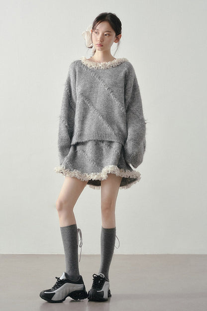 Conjunto de suéter holgado y falda con volantes