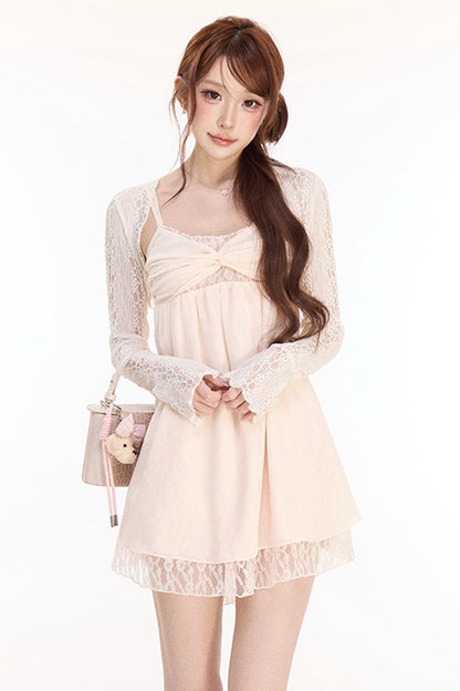 Spaghetti Strap Cross Knot Spliced Lace Dress and Cardigan Set-Up