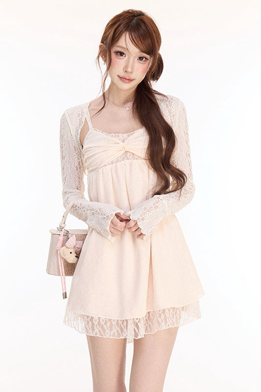 Spaghetti Strap Cross Knot Spliced Lace Dress and Cardigan Set-Up
