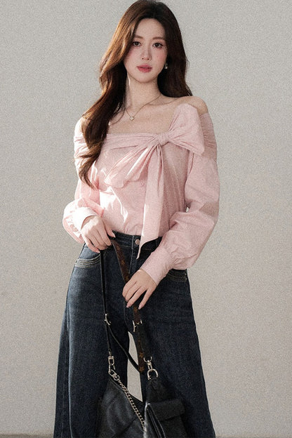 One-Shoulder Bow Long Sleeve Blouse