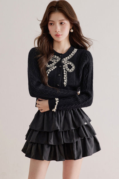 Rhinestone Pearl Bow Merino Cardigan Top