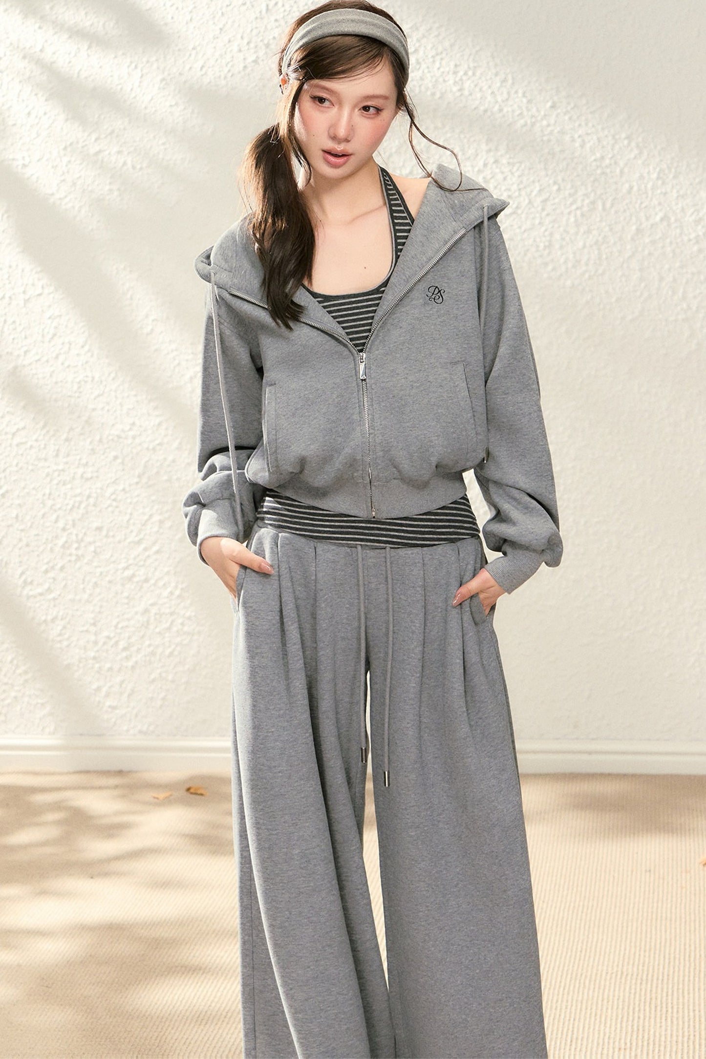 Hooded Drawstring Cardigan Set-Up