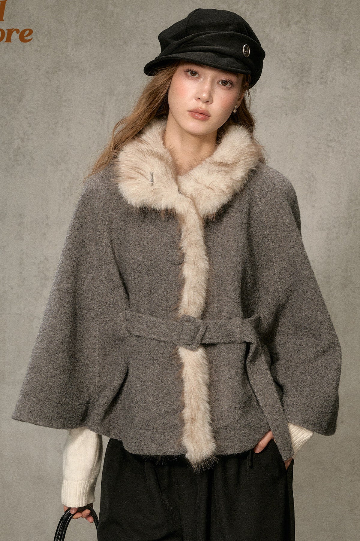 Floral Fur Collar Woolen Cape