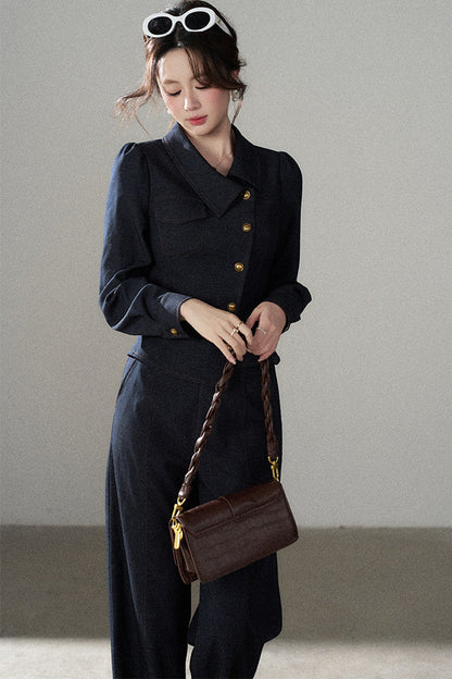 Asymmetrical Lapel Blue Top and Pants Set-Up