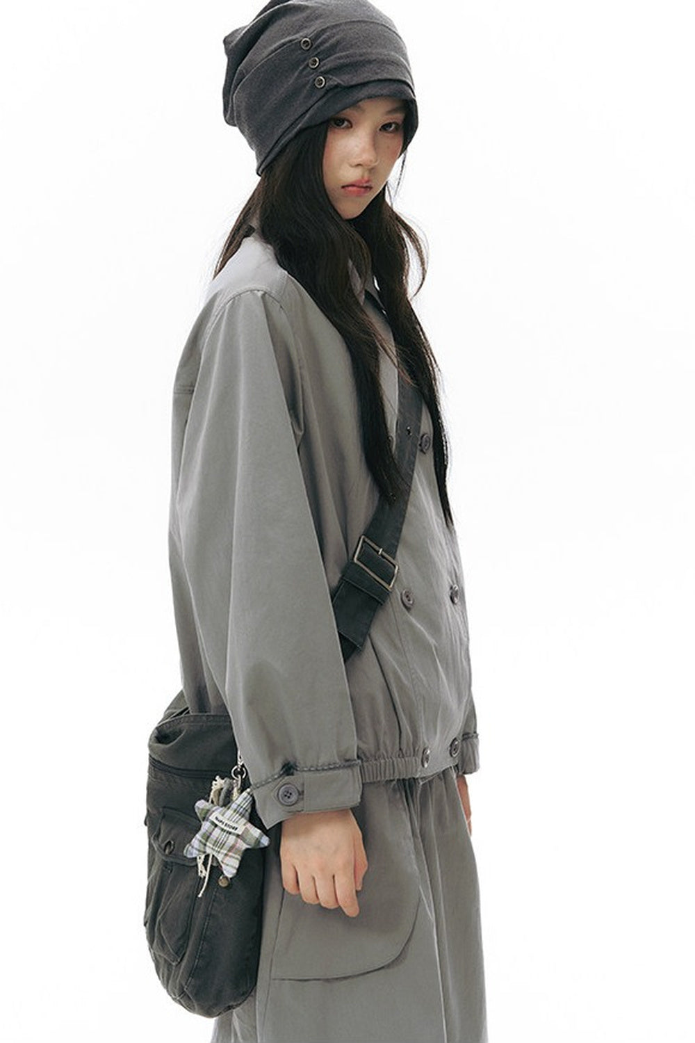 Retro Double-Breasted Workwear Jacket and Skirt Set-Up