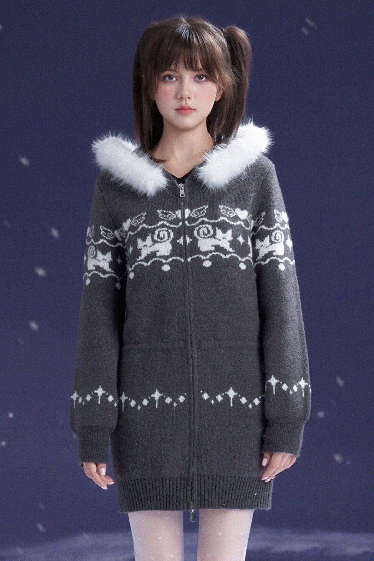 Fair Isle Cat Jacquard Dress Coat