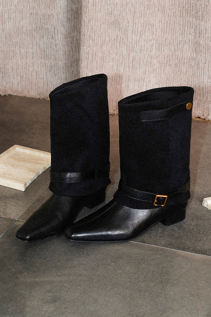 Chunky Heel Suede Belt Buckle Riding Boots
