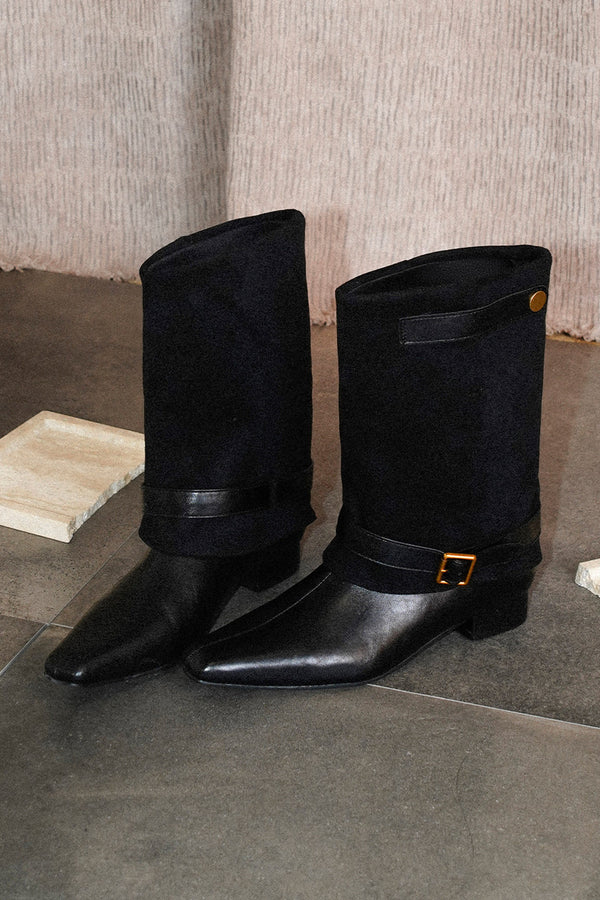 Chunky Heel Suede Belt Buckle Riding Boots