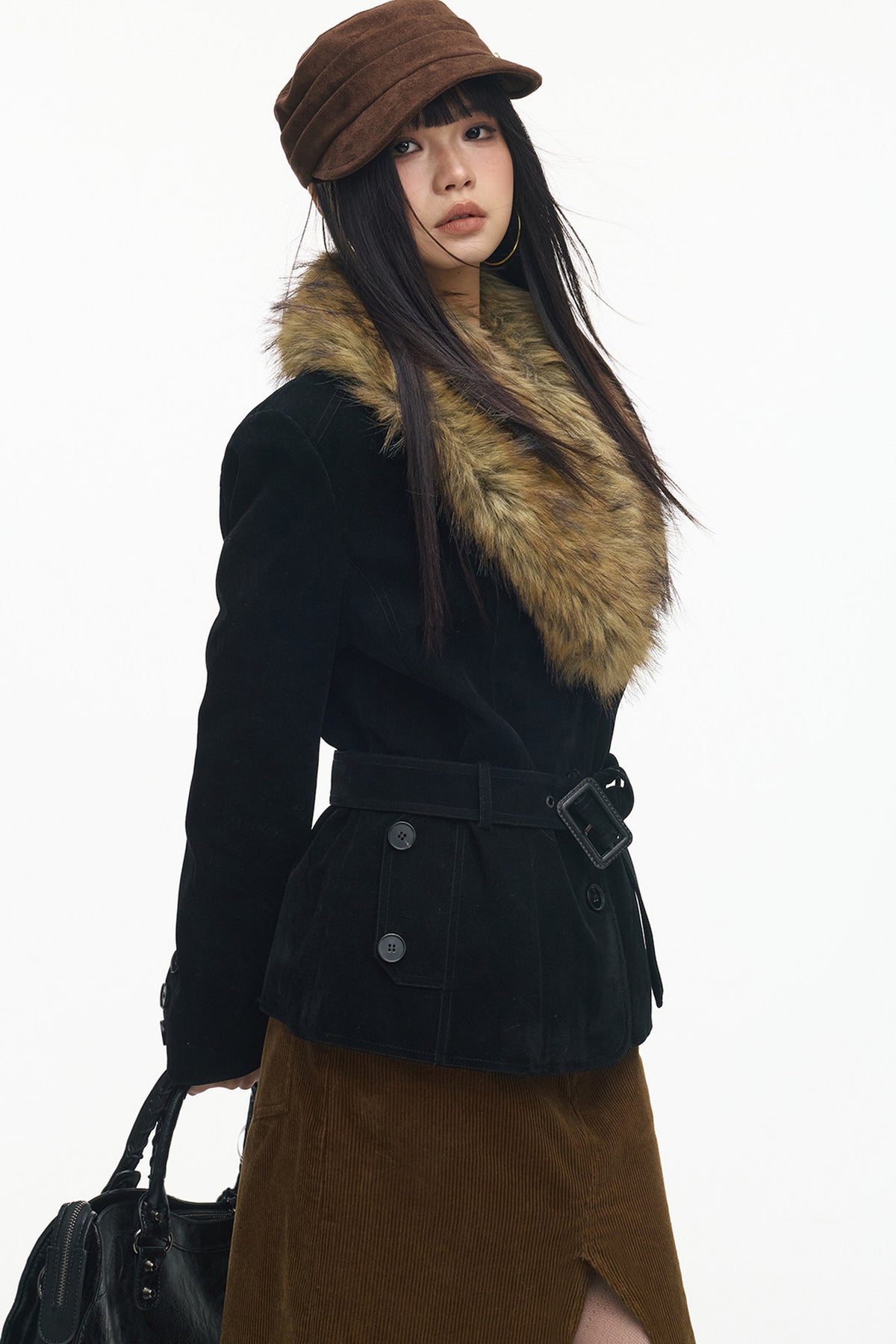 Belted Suede Fur Collar Jacket