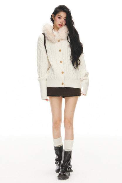 Fur Collar Knitted Cardigan and Skirt Set-Up