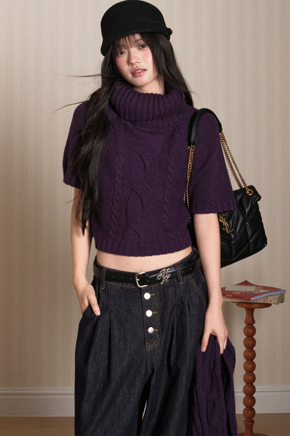 Short Sleeve Scarf Layered Knit Sweater