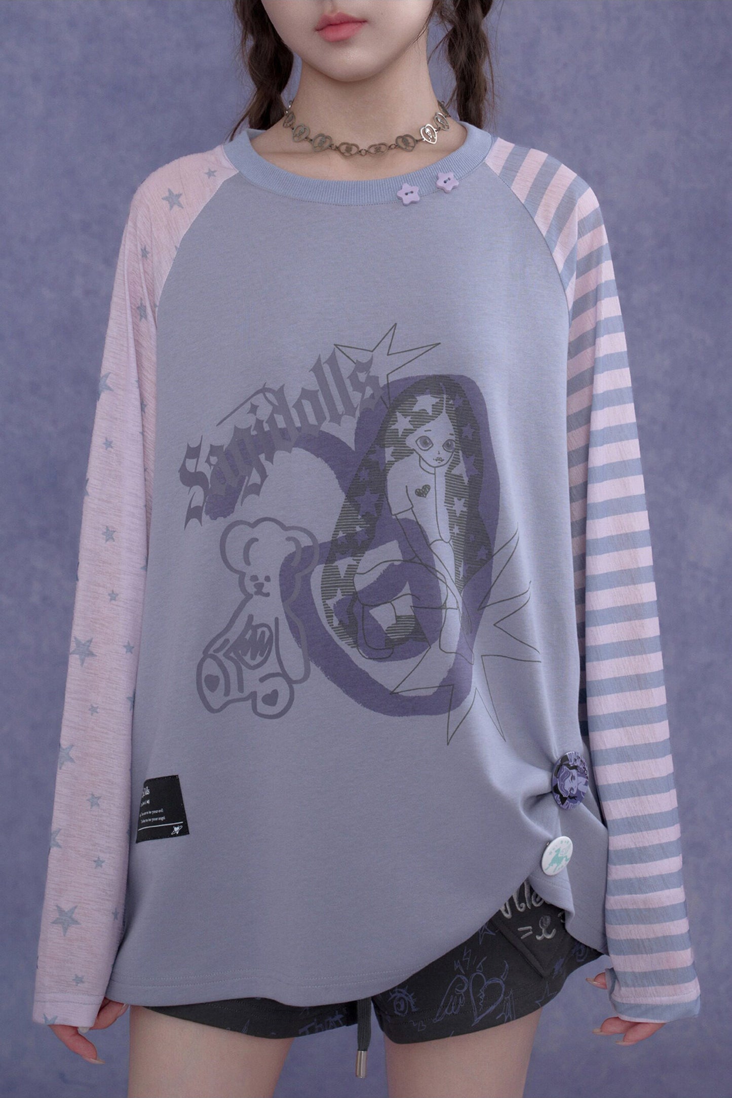 Purple Graffiti Print Raglan Blouse Set-Up