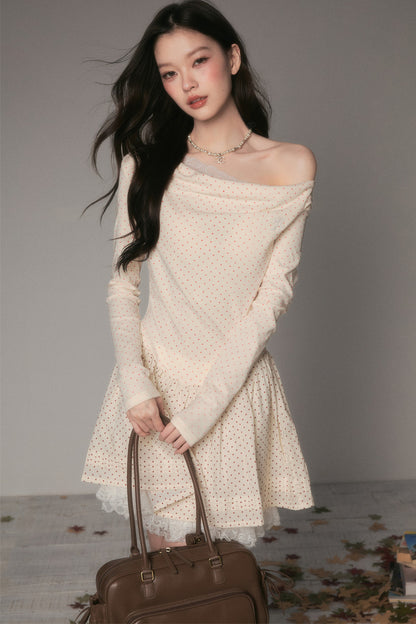 Off-Shoulder Polka Dot Lace Patchwork Dress
