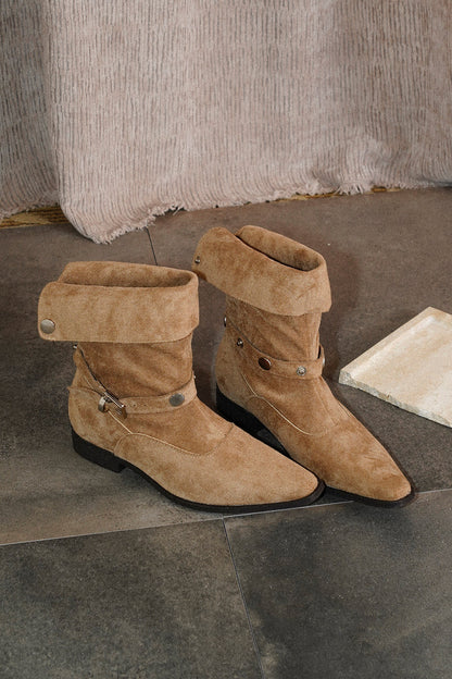 Pointed-Toe Suede Foldable Rivet Ankle Boots