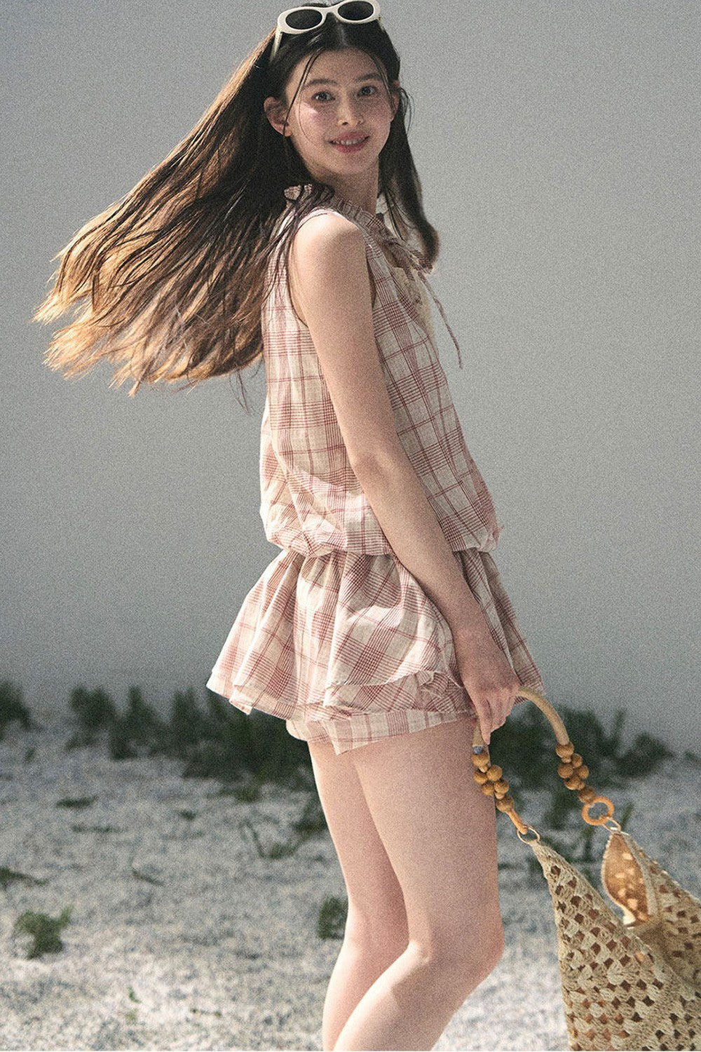 Lace Plaid Puff Dress Set
