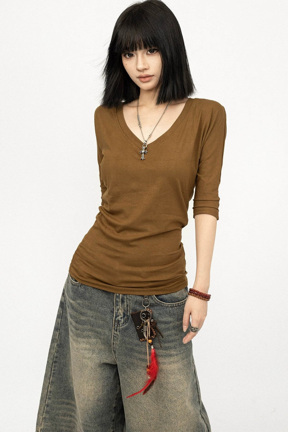 Brown V-Neck Sleeve Top