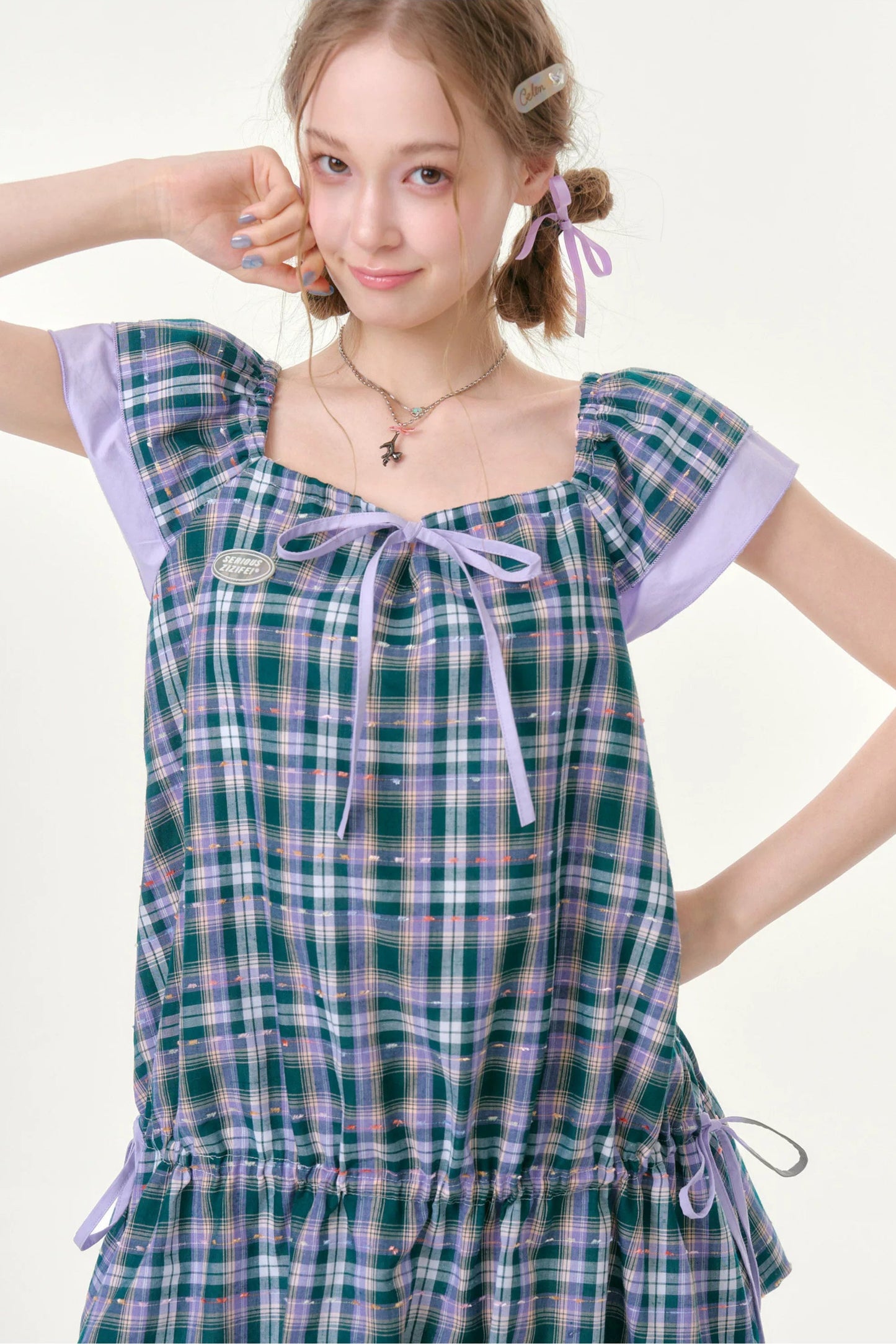 Purple Plaid Flutter Dress