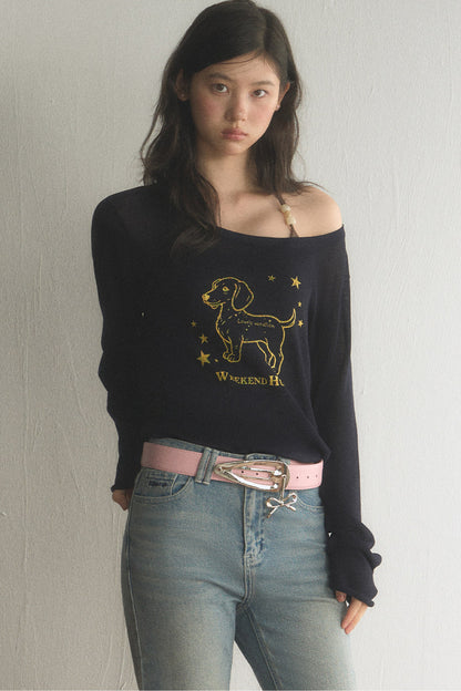 Off-Shoulder Dachshund Top and Flared Jeans Set-Up