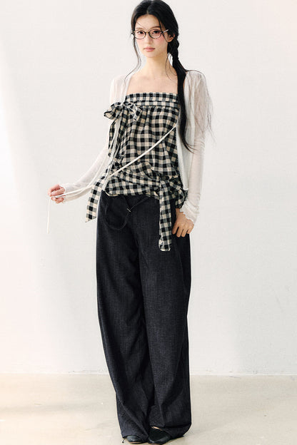 Washed Plaid Tube Top With Bow