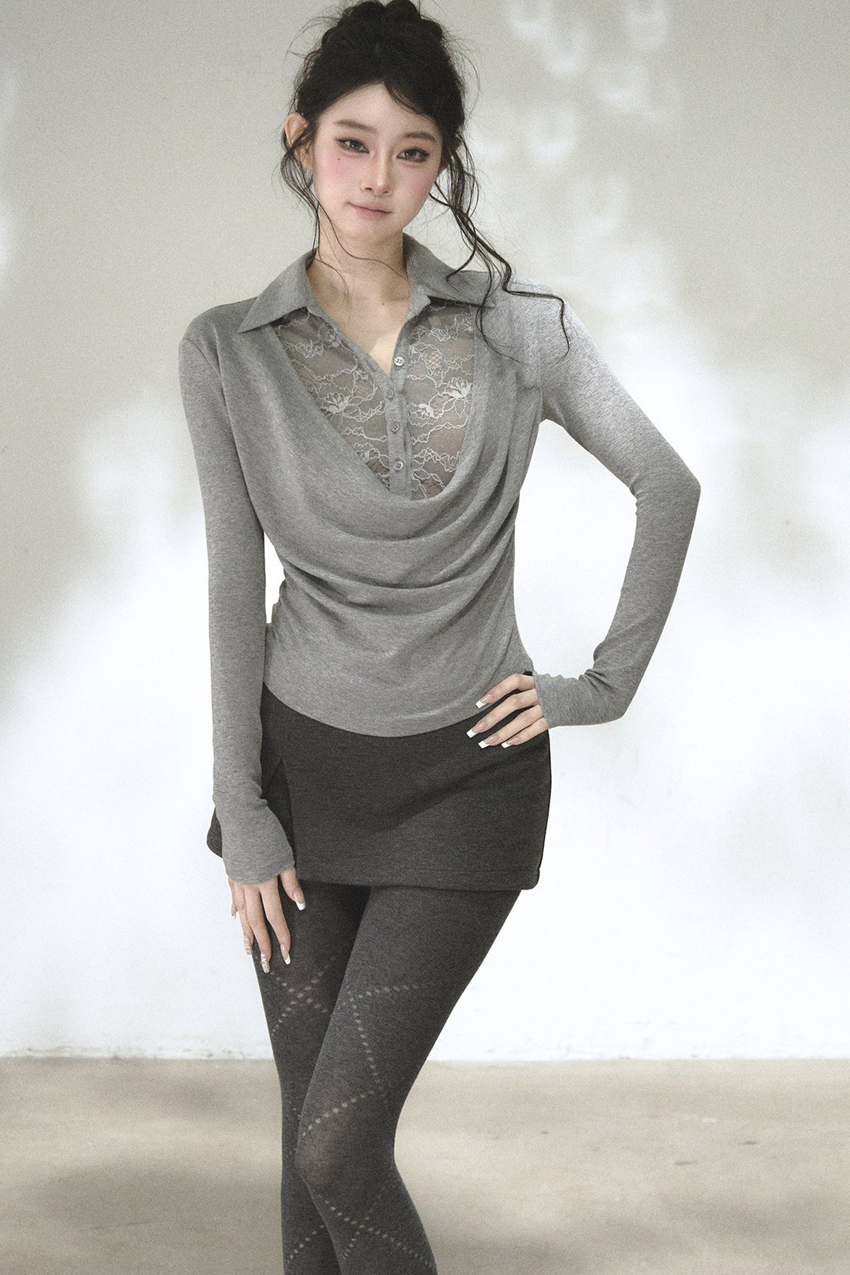 Lace Drape Collar Long-Sleeve Knit Top