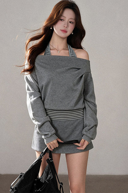 One-Shoulder Striped Sweatshirt and Wide-Leg Pants Set-Up