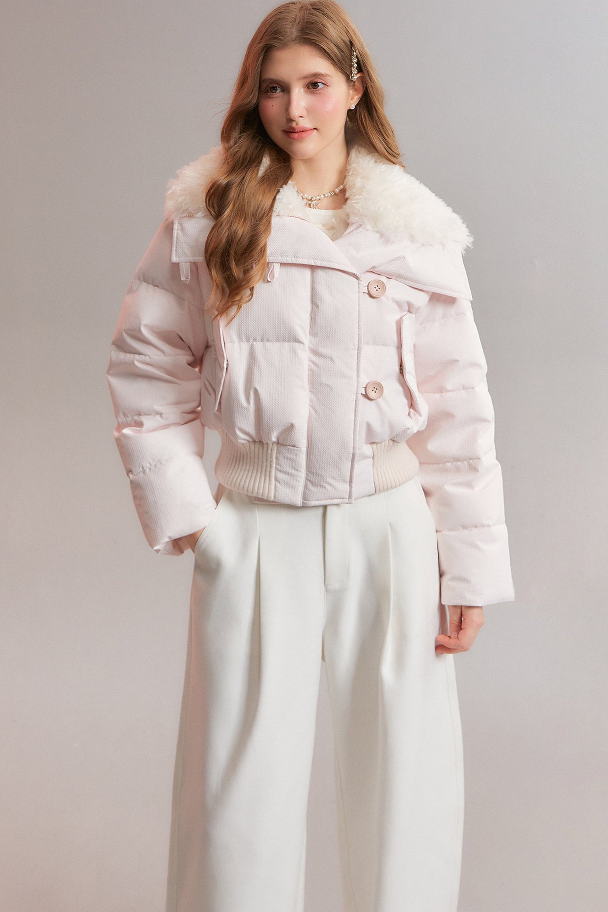 Pink Patchwork Fur Lapel Down Jacket