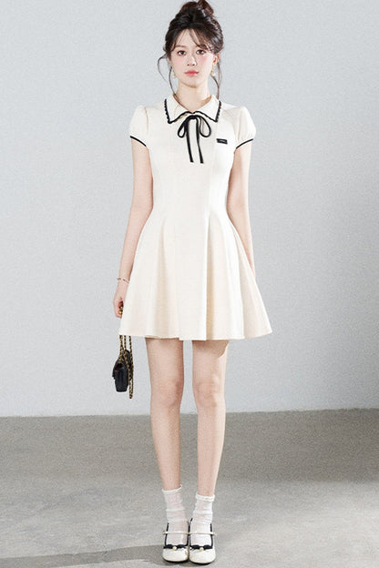 French Style Puff Sleeve Cinched Waist Dress