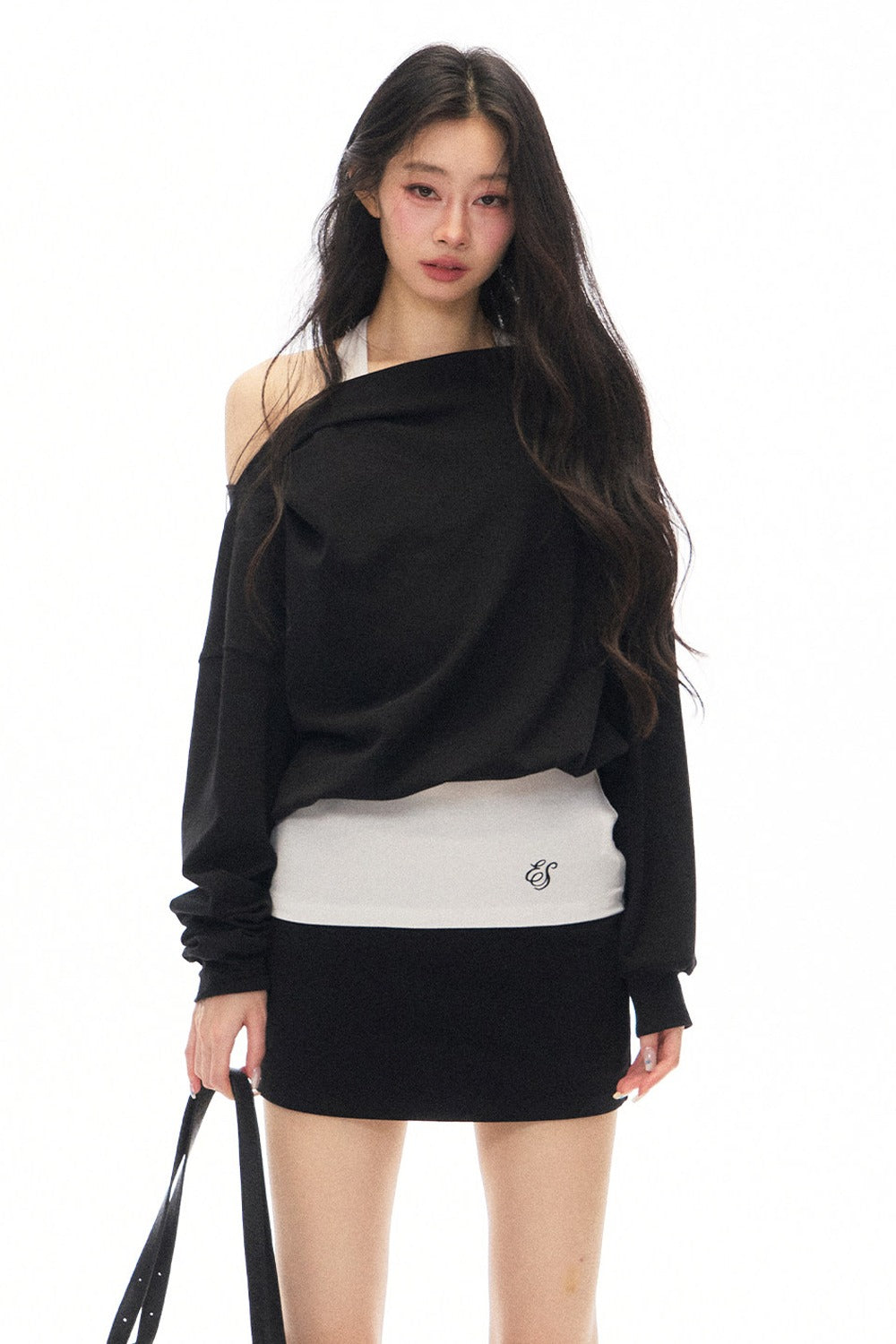 Black Asymmetrical Shoulder Long-Sleeve Top and Skirt Set-Up