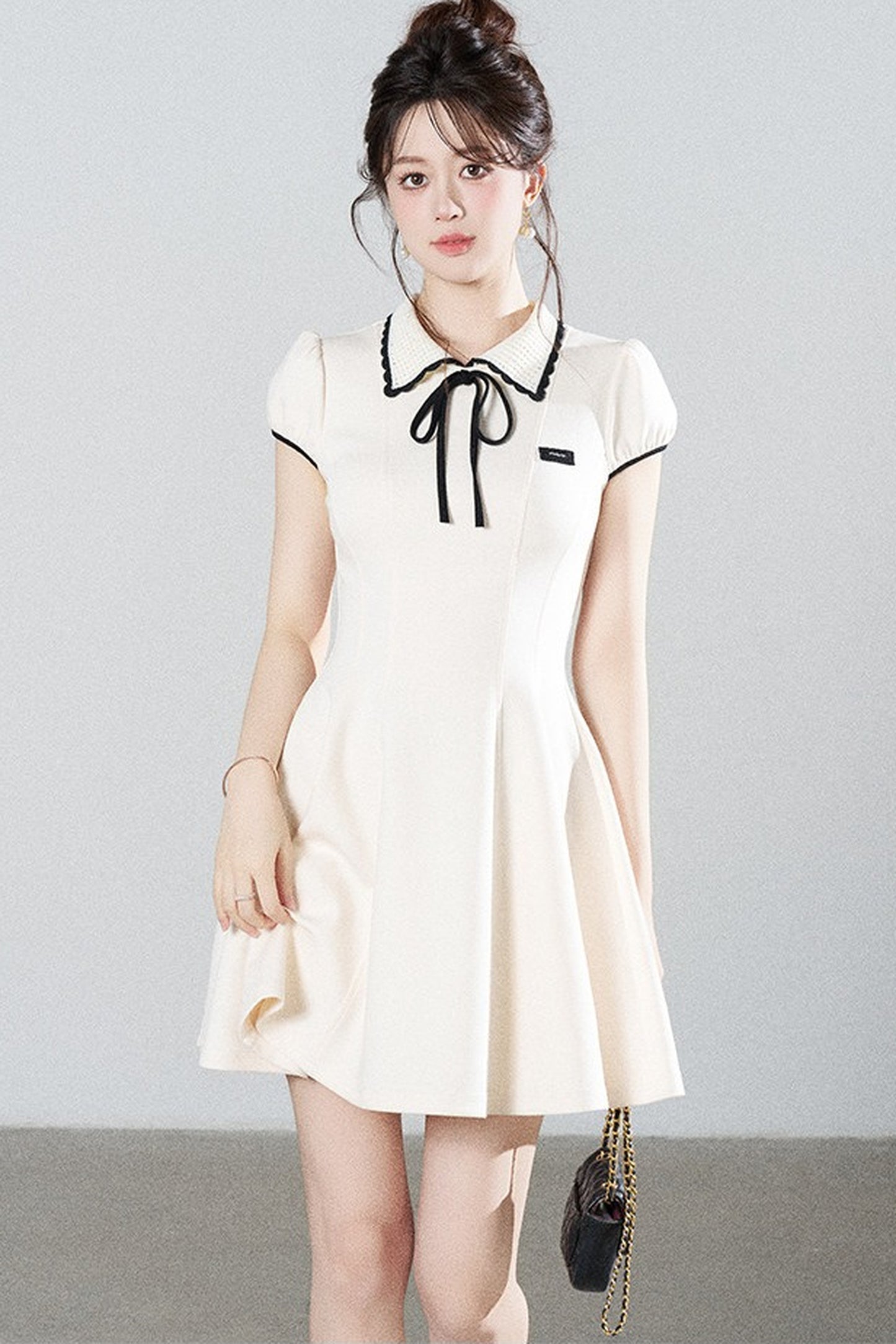 French Style Puff Sleeve Cinched Waist Dress