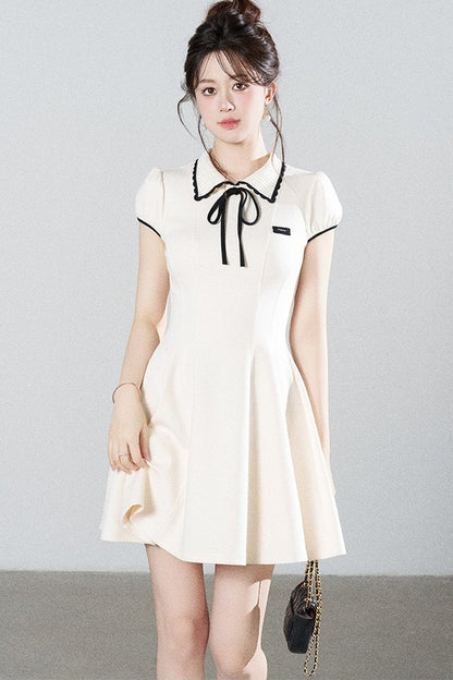 French Style Puff Sleeve Cinched Waist Dress