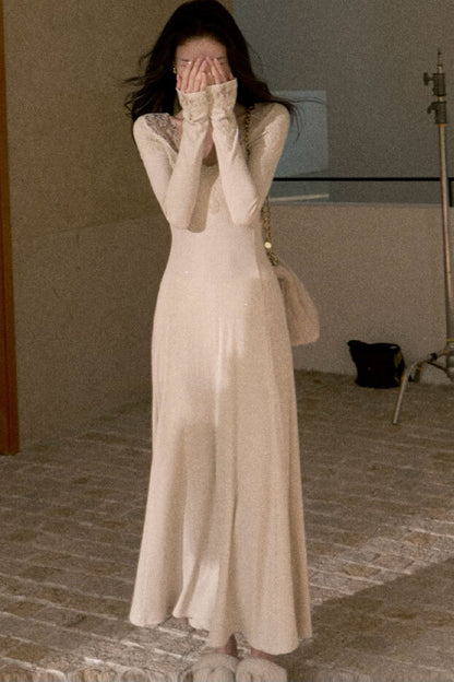 Spliced Lace Trim Long-Sleeve A-Line Dress