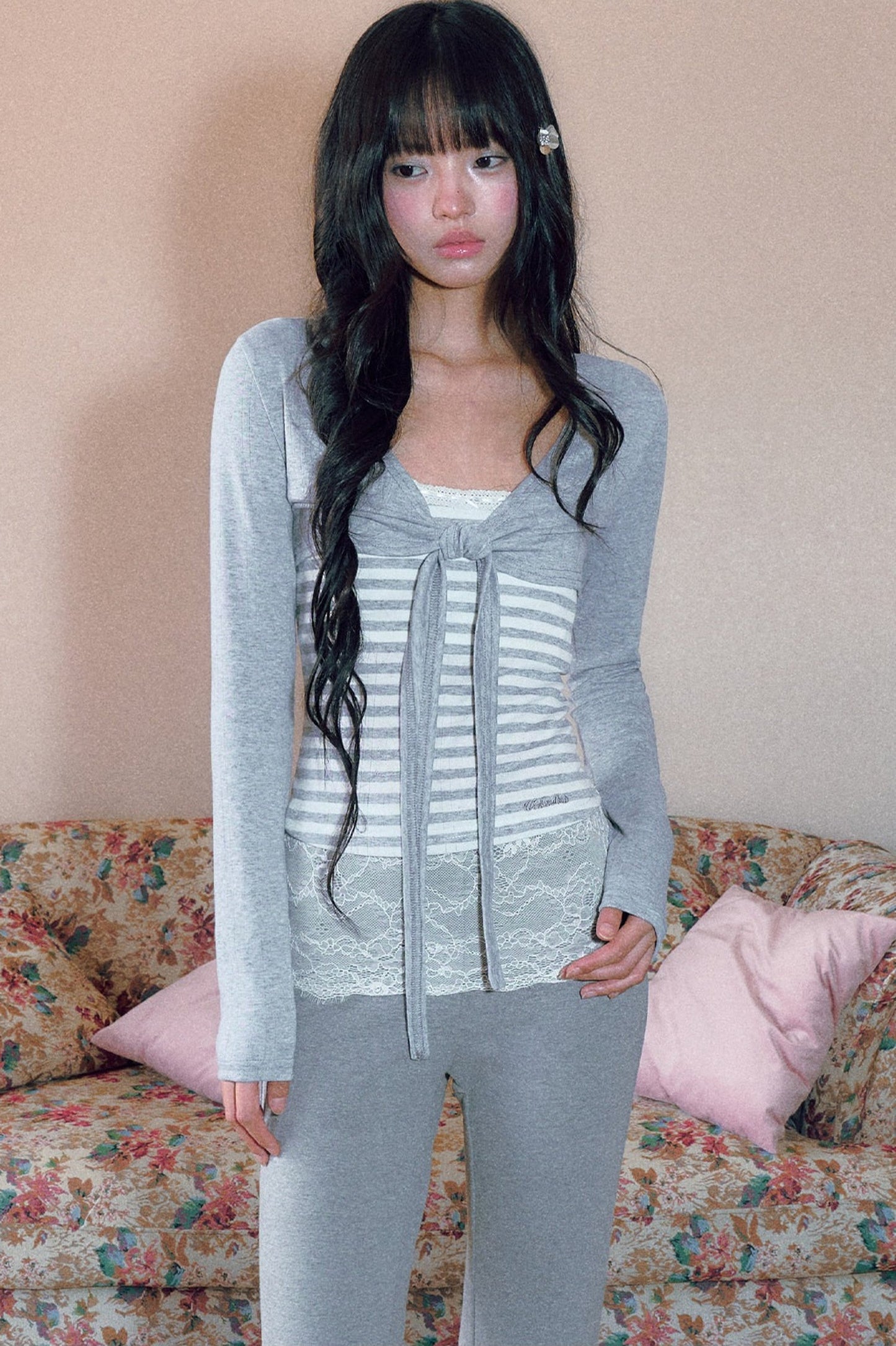 Striped Bow Tie Long Sleeve Cardigan and Lace Camisole Set-Up