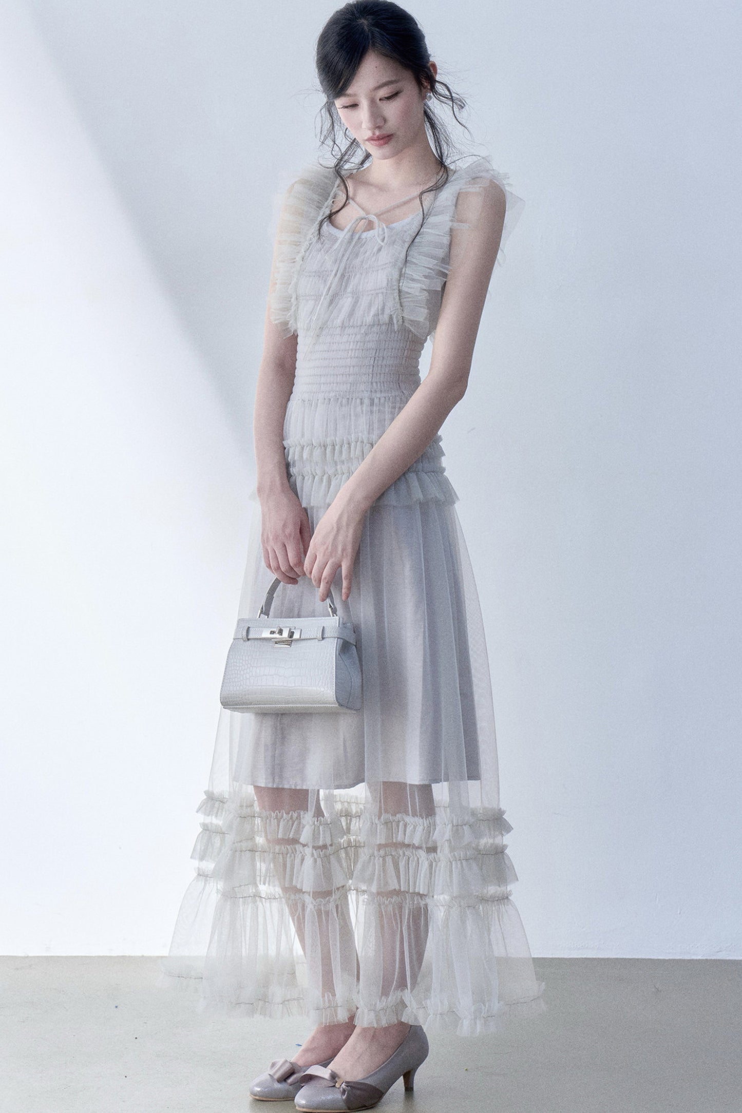Pleated Lace Flutter Sleeve Dress