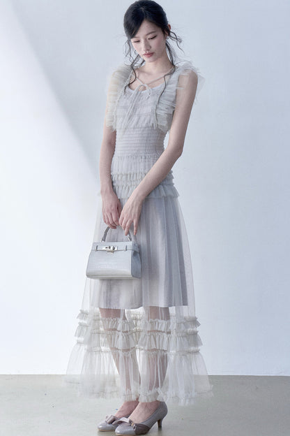 Pleated Lace Flutter Sleeve Dress
