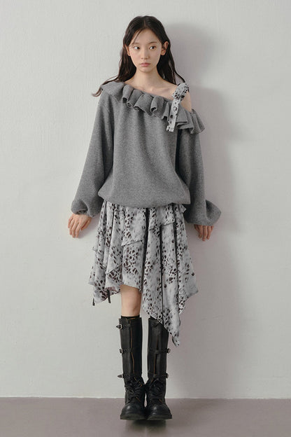 Gray Off-Shoulder Sweater Leopard Skirt Set-Up