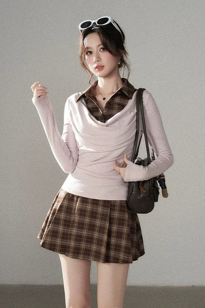 Plaid Knit Top and Skirt Set-Up