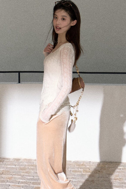 Jacquard Spliced Lace Knit Top