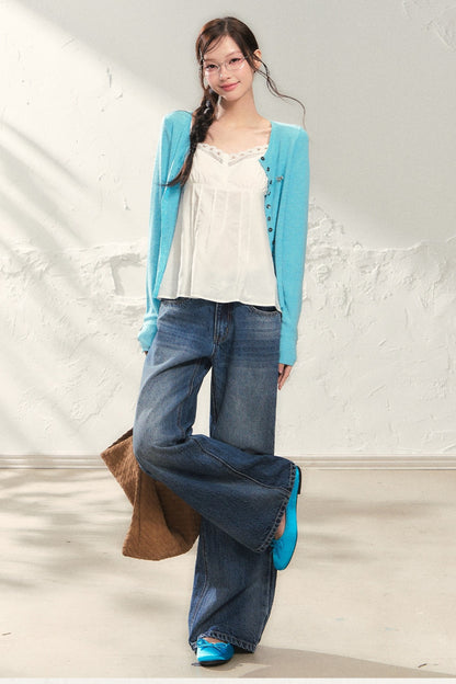 Yellow Long-Sleeve Knit Cardigan Set with Camisole and Pants Set-Up