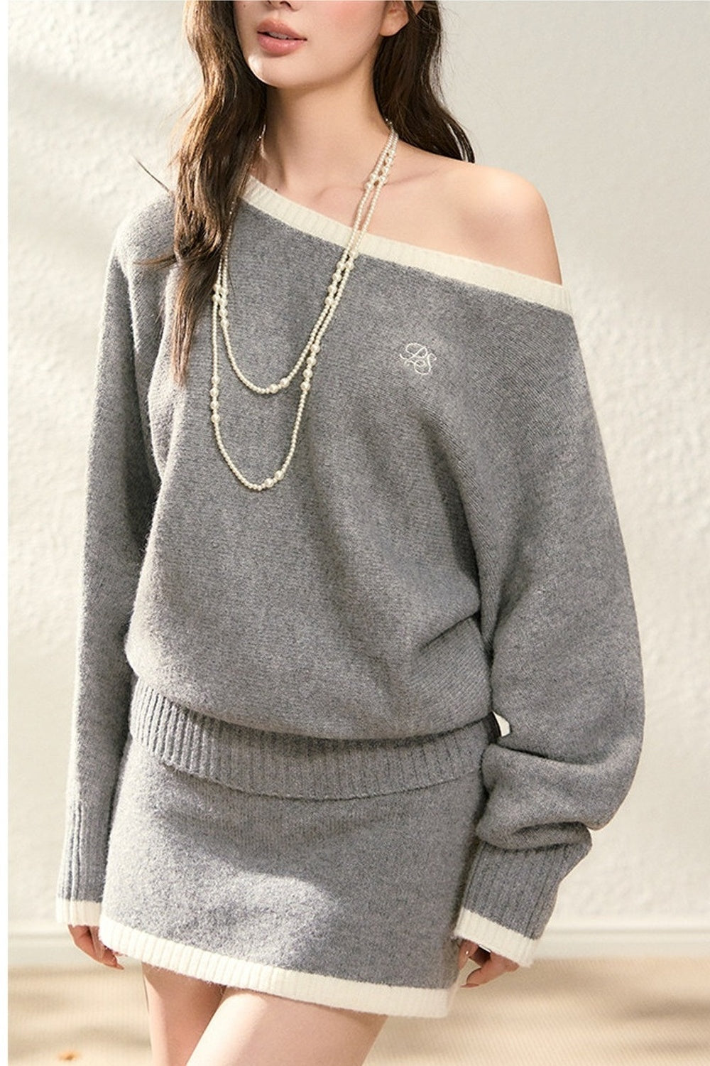 Off-Shoulder Knit Sweater and Skirt Set-Up