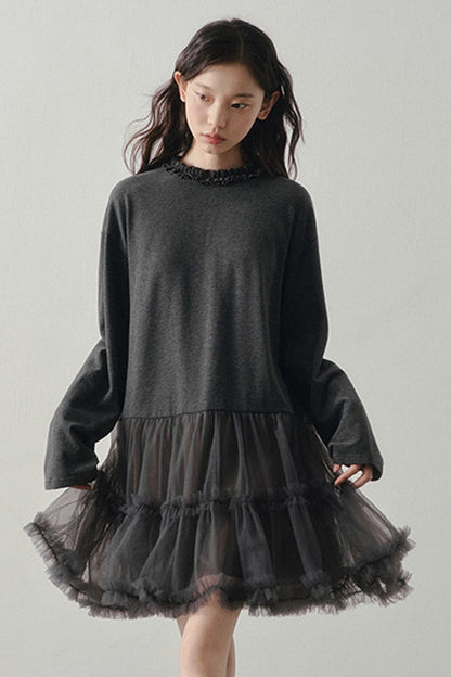 Gray Mesh Patchwork Long Sleeve Dress
