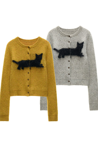 Cat Jacquard Button Knit Cardigan