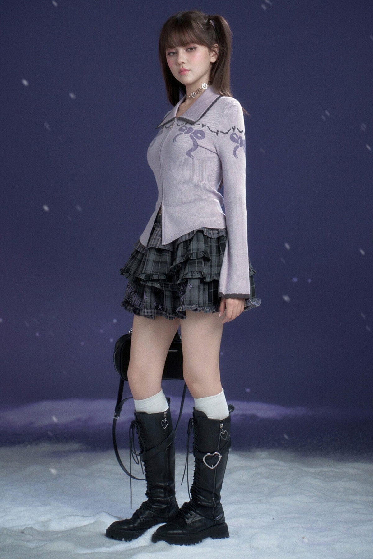 Milk Purple Bow Jacquard Turn-Down Collar Cardigan Top