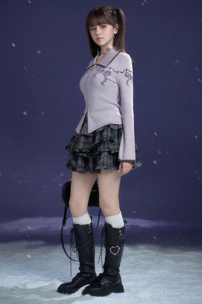 Milk Purple Bow Jacquard Turn-Down Collar Cardigan Top