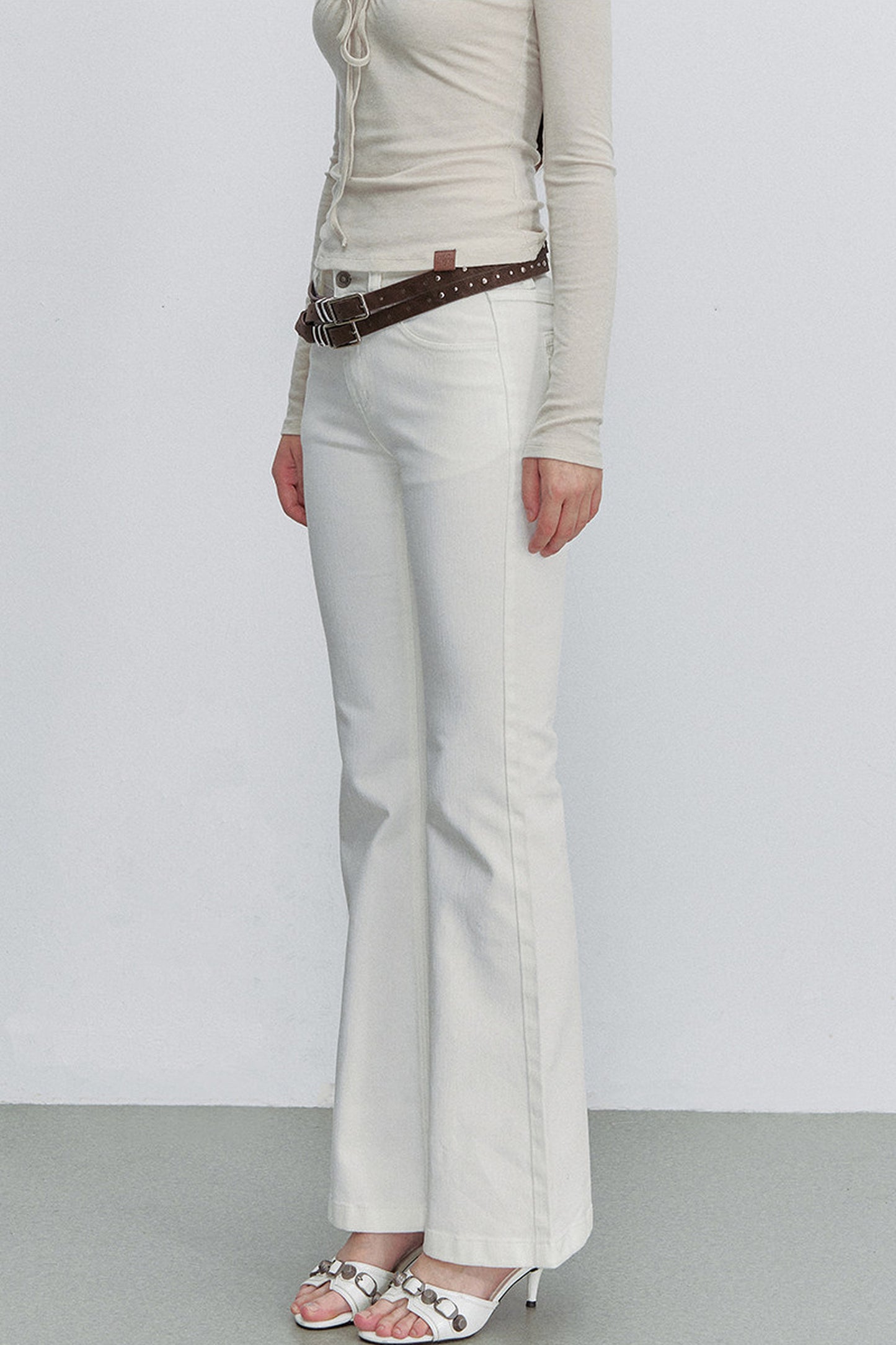 White Bamboo Texture Flared Denim Pants
