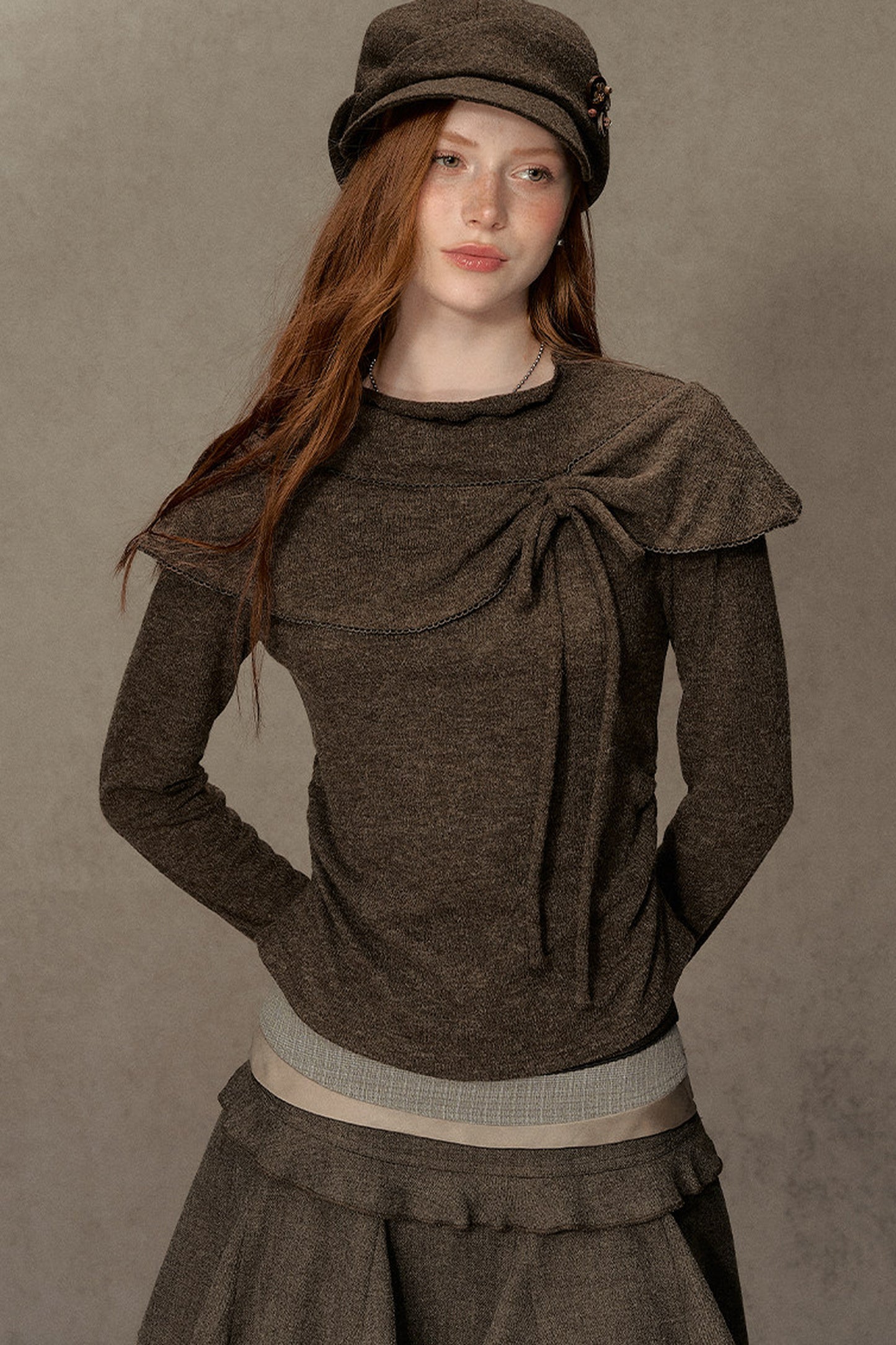Bowknot Cape Collar Long Sleeve Top